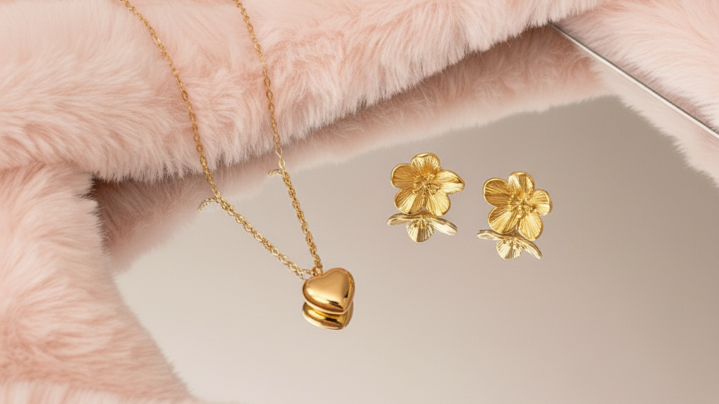 Gold necklace and earrings on a pink fur surface with 'OLA M' branding.